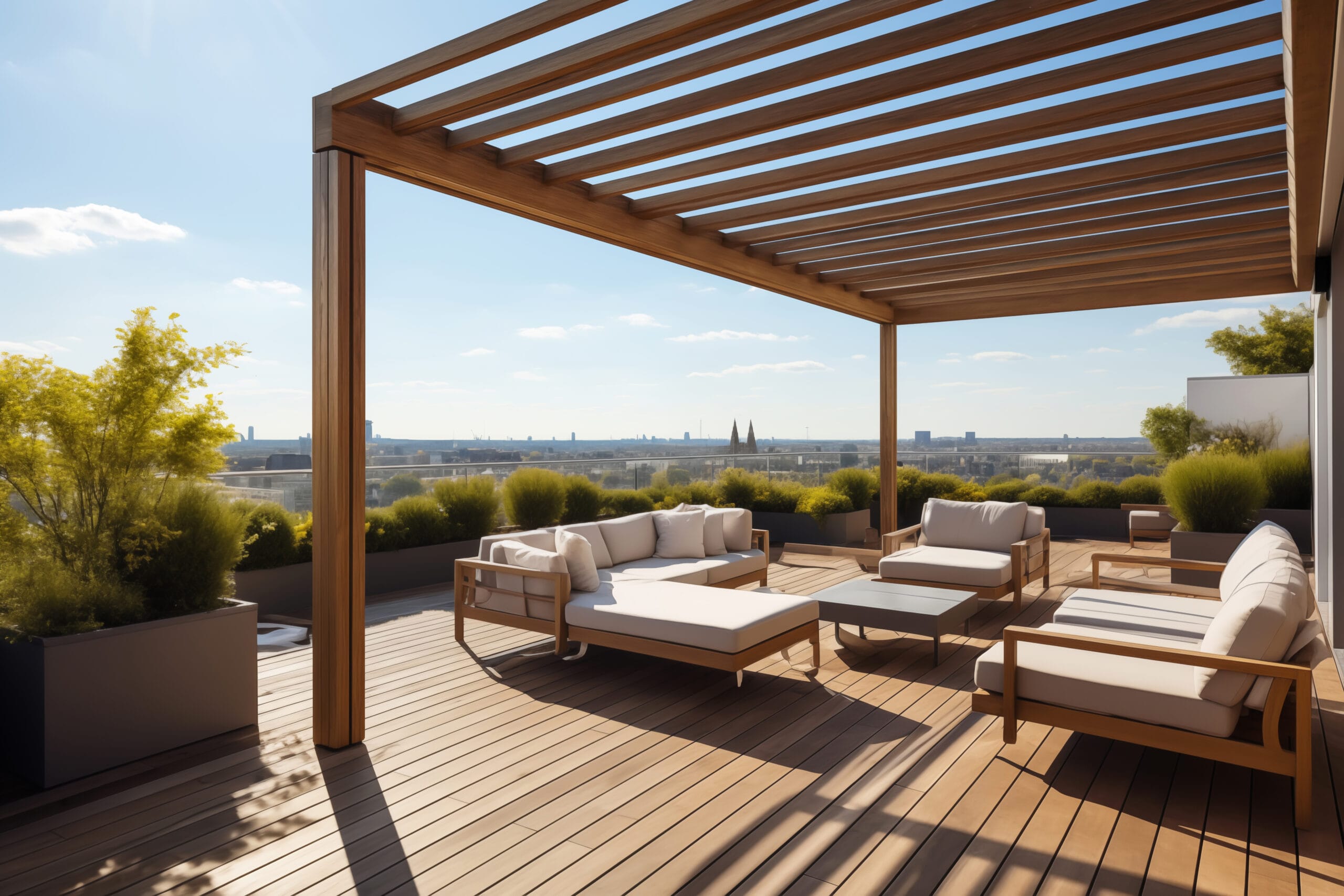 Houten pergola met lamellen boven zithoek.