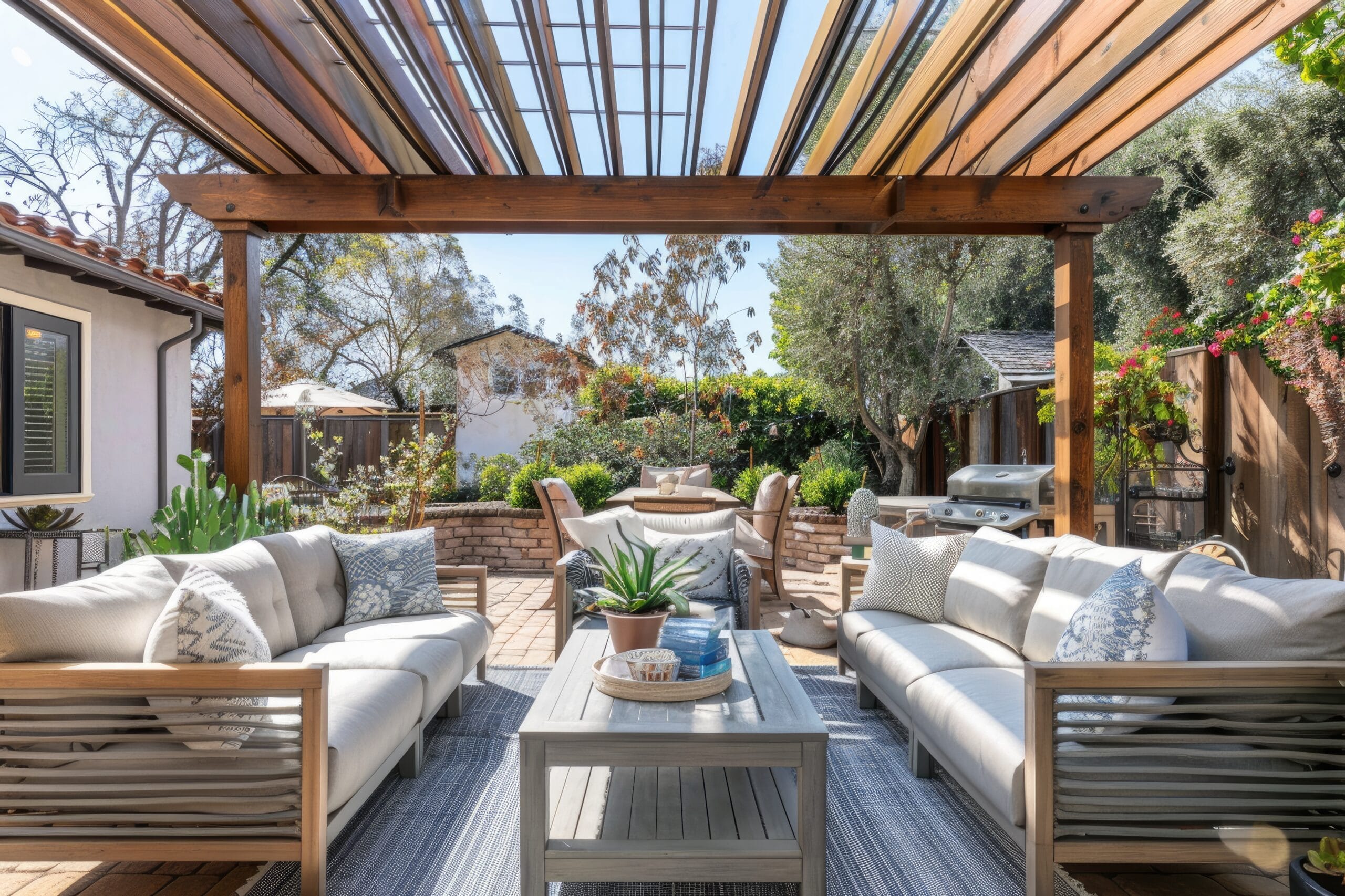 Luxe buitenveranda met loungehoek bij zonsondergang.