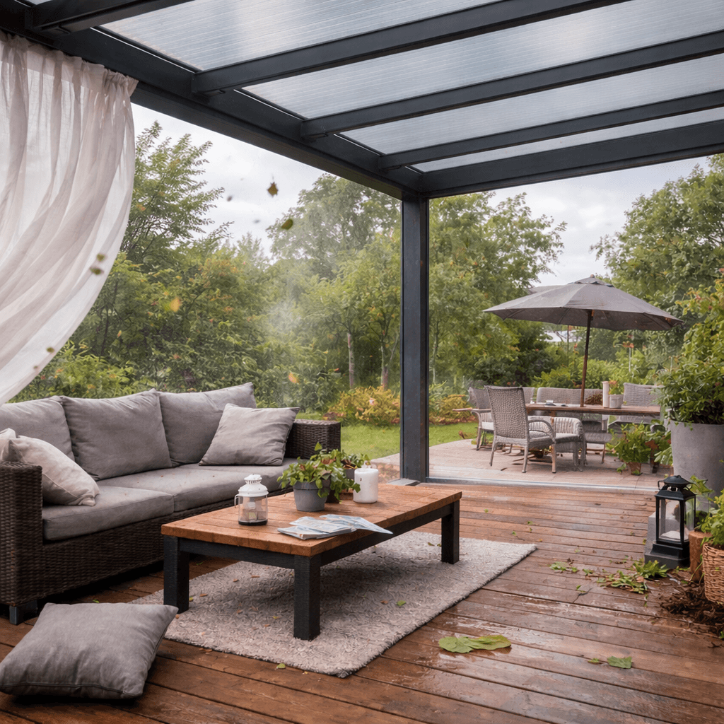 Veel wind onder de veranda